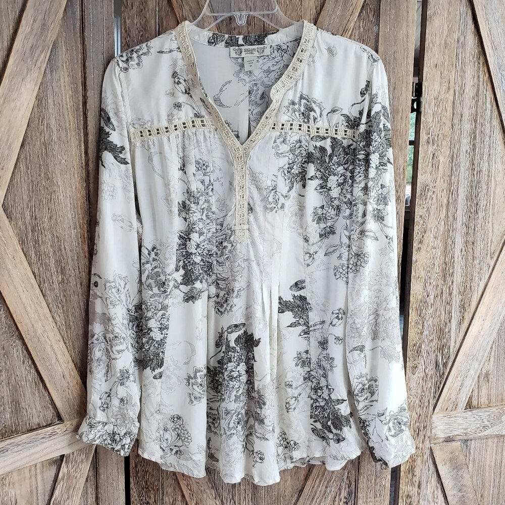 Vintage America Popover Shirt Women's M Cream Brown Botanical Print Crochet Trim